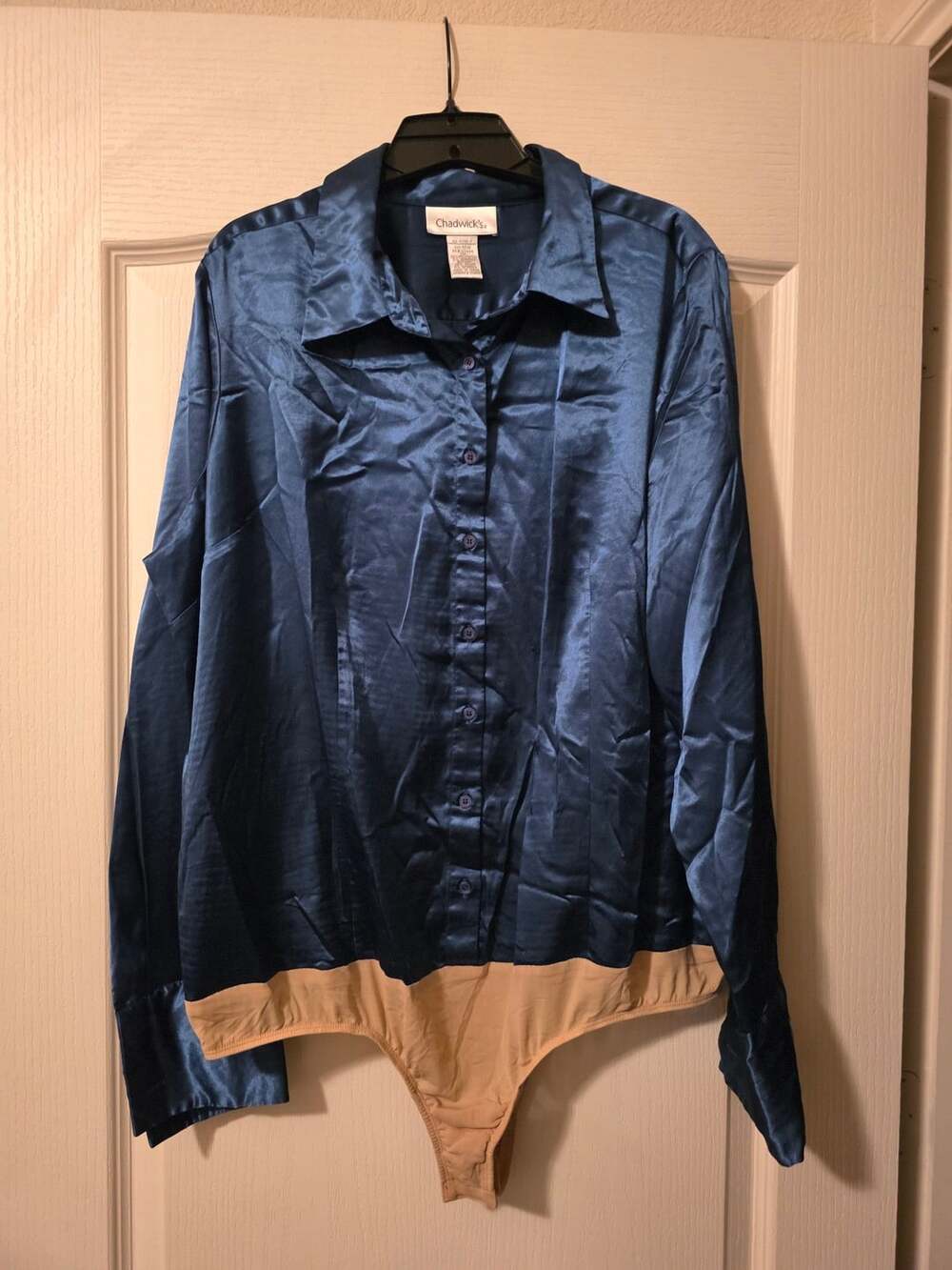 Chadwick's Satin Bodysuit Size 18W Blue Long Sleeve Button Up Shirt